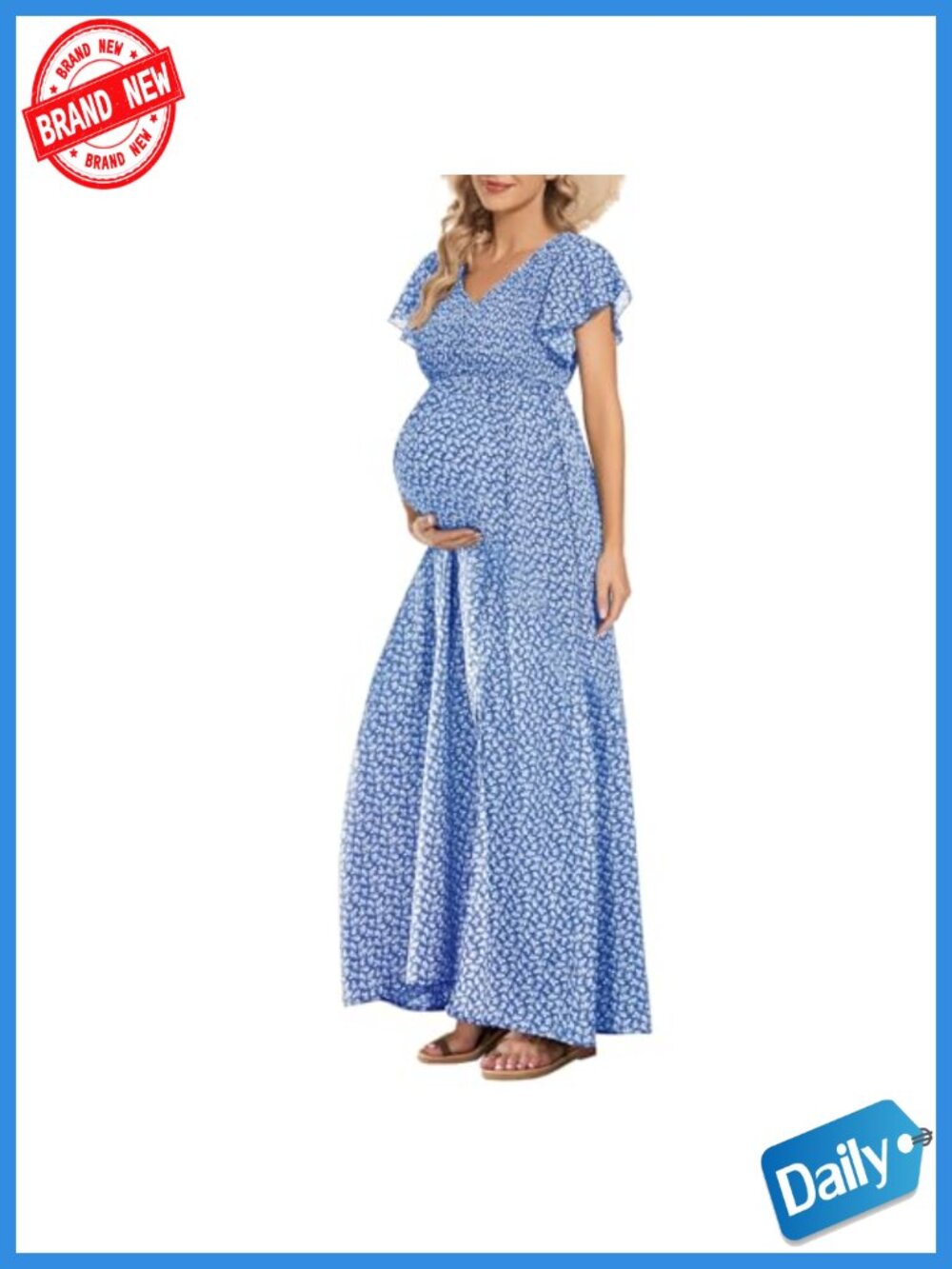 Floral Maternity Dress Boho Baby Shower Photoshoot Smocked Flutter Sleeve A